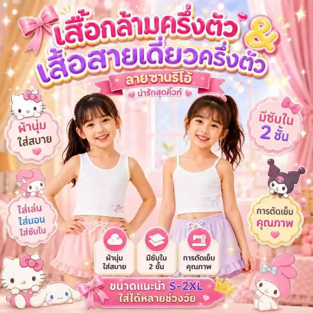 เสื้อซับในครึ่งตัว สายเดี่ยว/สายกล้าม สีขาว ซับ2ชั้น ลายการ์ซานริโอ้ เหมาะสำหรับเด็ก3-12ขวบ ผ้านุ่มใส่สบายไม่ระคายเคือง