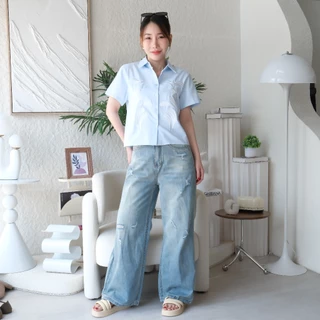 Lawyer Store| [927976] เสื้อคอปก แขนสั้น ปักลายดอกไม้ ด้านหลังปัก SLW แขนสั้น เนื้อผ้าออฟฟอร์ดไม่ยืด เสื้อแขนสั้น