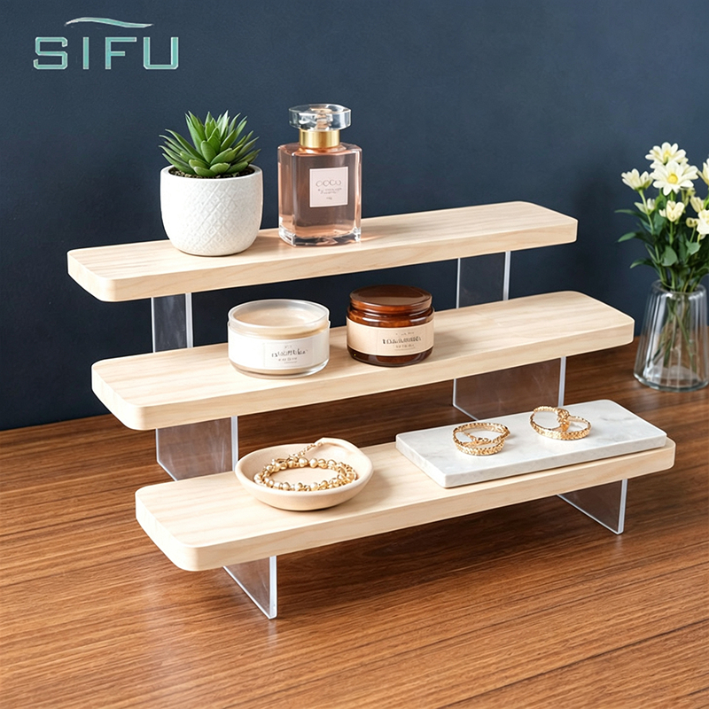 SIFU 3ชั้นทนทานไม้อะคริลิคสําหรับกล่องตาบอดของเล่น,น้ําหอมขาตั้งจอแสดงผล,ชั้นวางสําหรับเครื่องสําอางชั้นวางโมเดลบันไดยาว