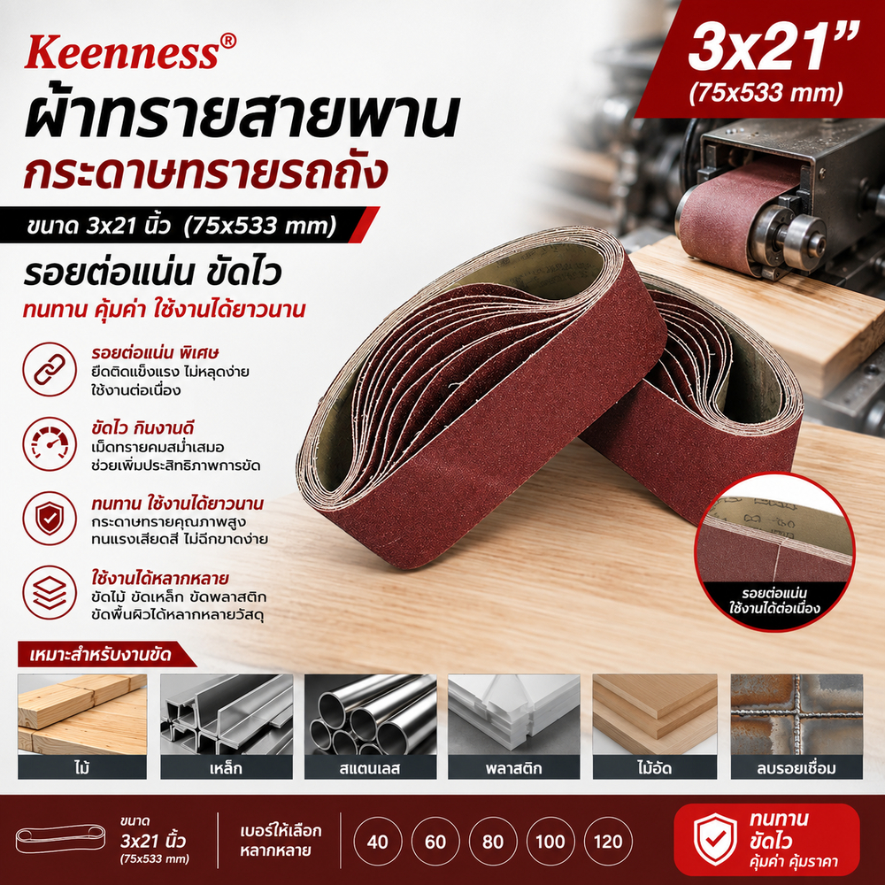 Keenness ผ้าทรายสายพาน 3x21 นิ้ว กระดาษทรายรถถัง เบอร์ 40-120 รอยต่อแน่น ขัดไม้ ขัดเหล็ก ทนทาน ขัดไว