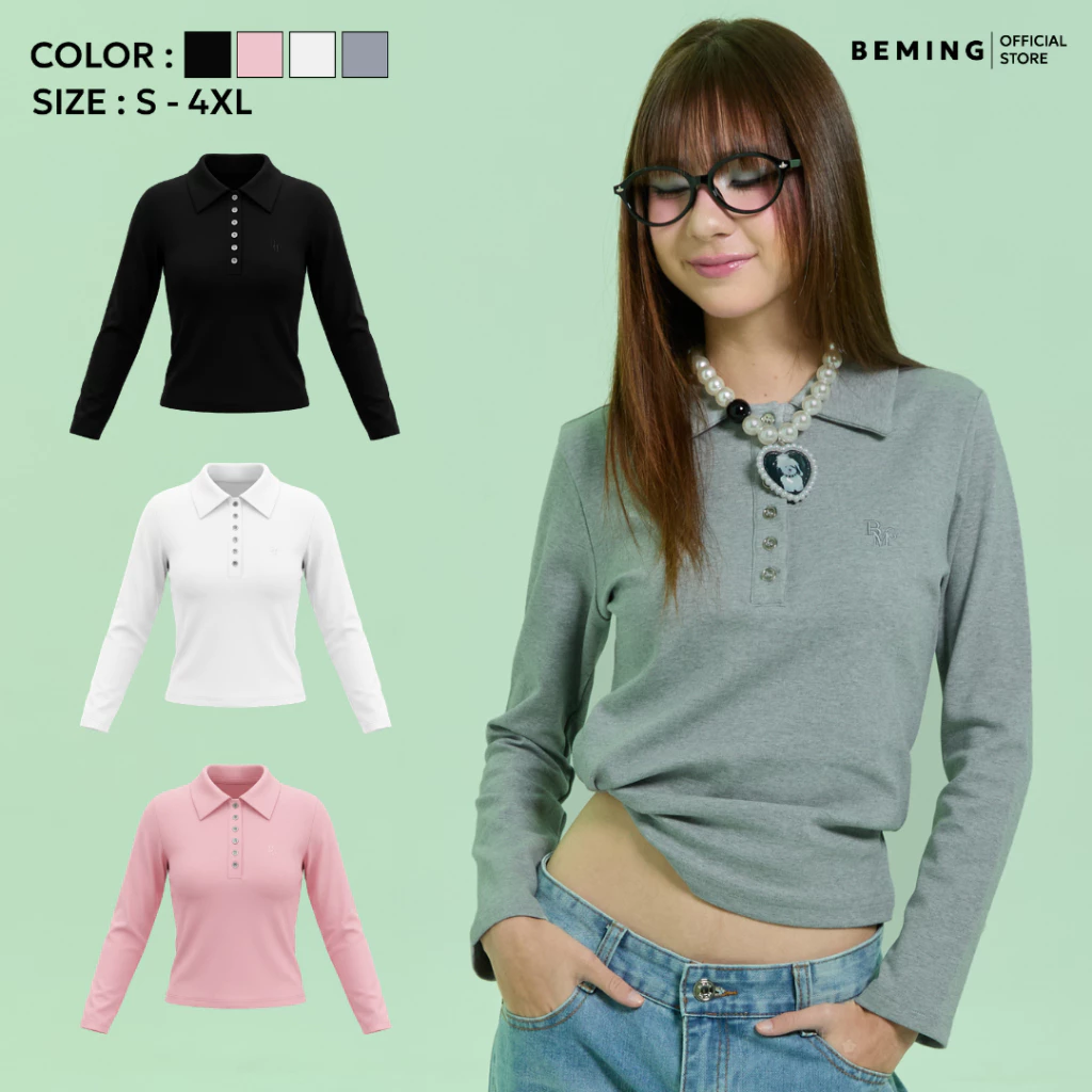 Bemingtop1222(S-4XL)-Podi Top - เสื้อแขนยาวดีไซน์คอปกคลาสสิกตกแต่งกระดุมหน้าและปักโลโก้ BMG
