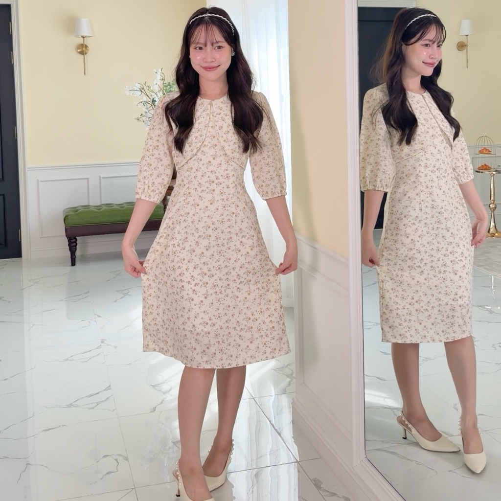 Colla dress เดรสคอกลม แขนยาว ปลายแขนสม็อค (ตัดสั้นฟรี ระบุในโน๊ต)