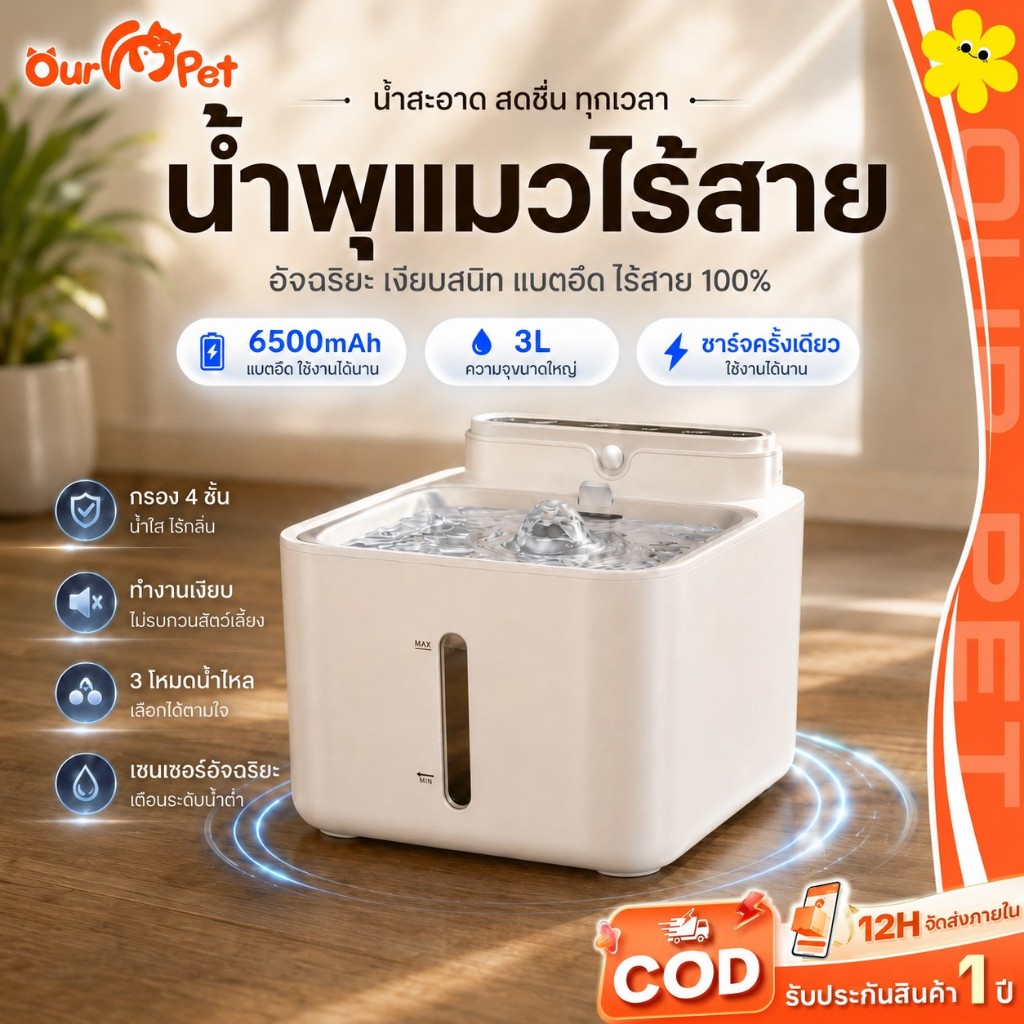 [รับประกัน2ปี] น้ำพุแมวไร้สายอัตโนมัติ แบต6500mAh ระบบเซนเซอร์ พร้อมส่ง 6500mAh ระบบเซนเซอร์