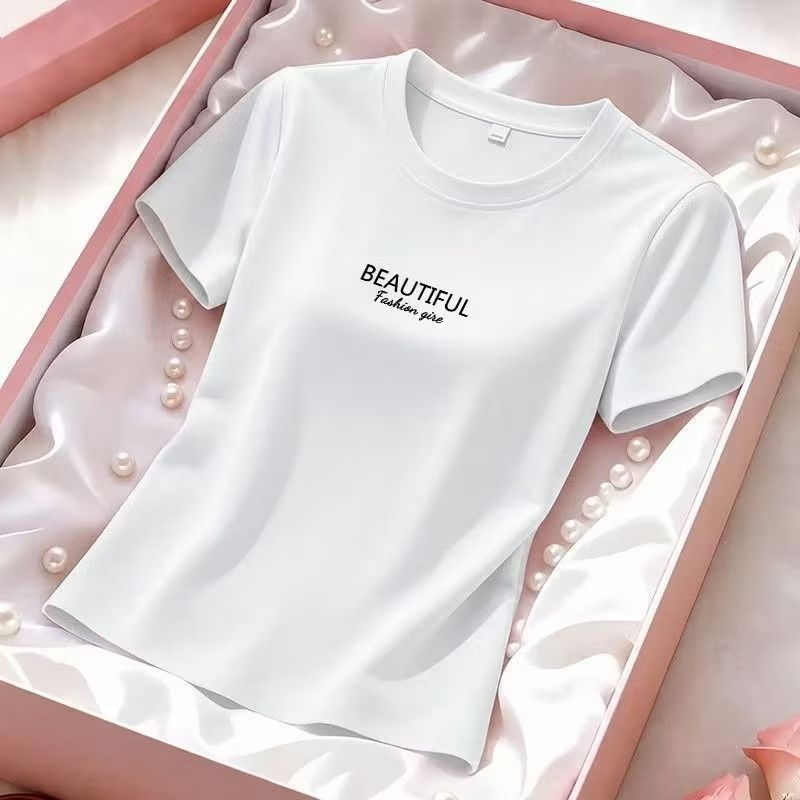 เสื้อยืดแขนสั้นคอกลมสีพื้นสไตล์อเมริกันคุณภาพสูงสำหรับผู้หญิง ดีไซน์ใหม่สำหรับฤดูร้อน ลวดลายตัวอักษรสวยงามและไม่เหมือนใค