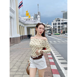 NO.650 Biscotti Top เสื้อยืดแขนยาวลายจุดแต่งดอกคามิเลีย