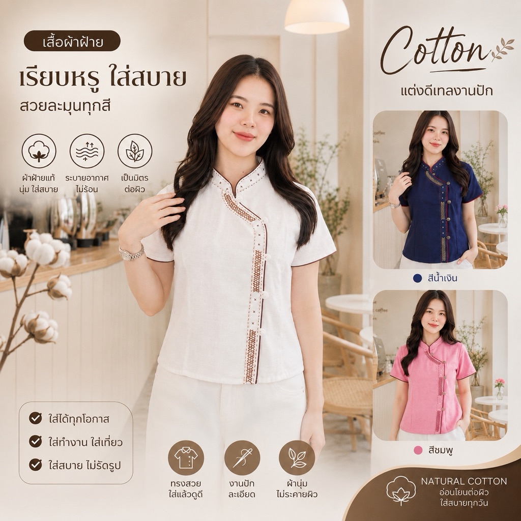 เสื้อผ้าฝ้าย คอจีน ผู้หญิง กุ้นปักด้น งานปักมือ แต่งกระดุมไม้ ผ้าดี อยู่ทรงสวย