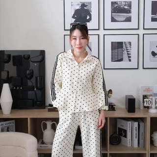 Lawyer Store | [767345] [767345-2] (ขายแยกชิ้น) ชุดเซ็ท เสื้อแจ็คเก็ต ลายจุด ชายระบาย กางเกงเอวยืดขายาว ลายจุด แถบข้าง ล
