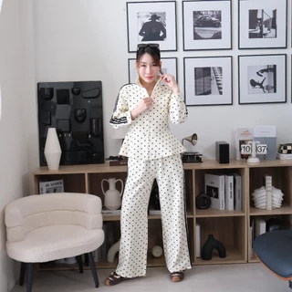 Lawyer Store | [767345] [767345-2] (ขายแยกชิ้น) ชุดเซ็ท เสื้อแจ็คเก็ต ลายจุด ชายระบาย กางเกงเอวยืดขายาว ลายจุด แถบข้าง ล
