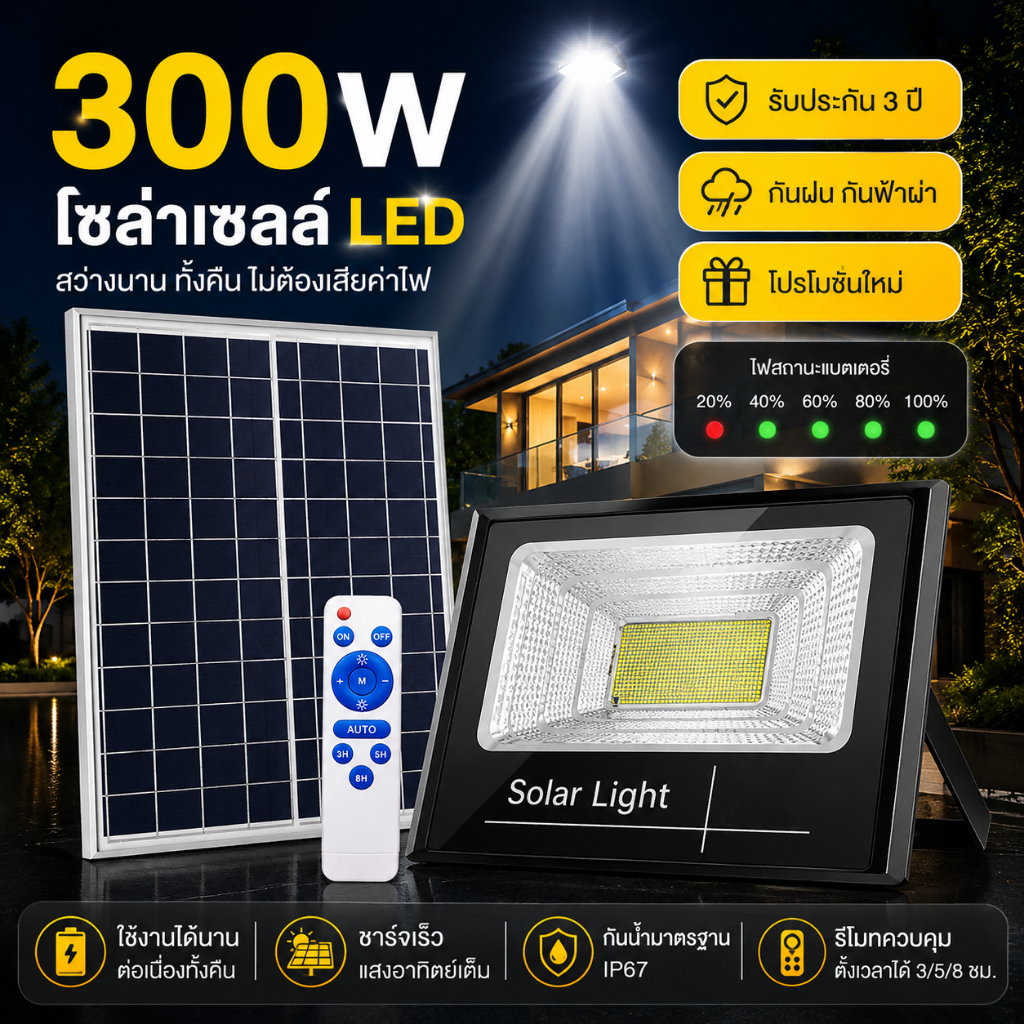 JD【กำลังไฟที่แท้จริง】300W ไฟโซล่าเซล IP67 ไฟสปอร์ตไลท์ Solar Light LED แสงขาว สปอร์ตไลท์ led ไฟถนน
