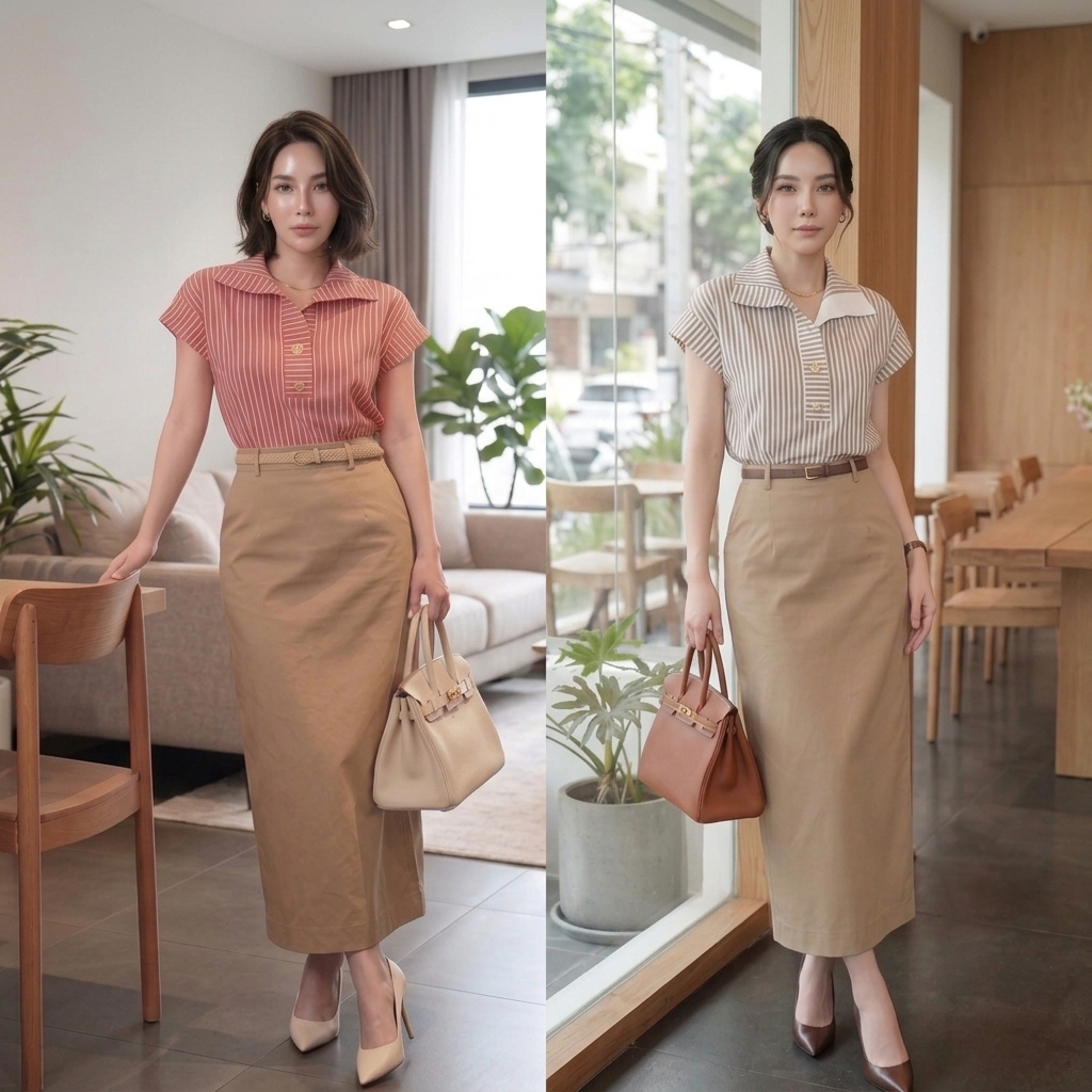 CT888 (เฉพาะเสื้อ) เสื้อเชิ้ตลายทางผู้หญิง คอปก แขนสั้น ลุคเกาหลี