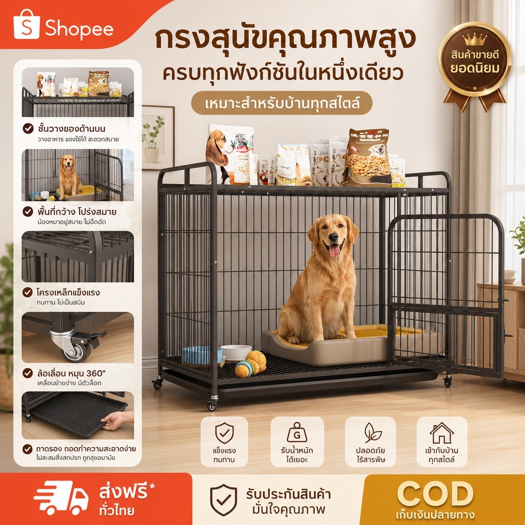 กรงหมา Pet Cage Metal Dog Crate มีชั้นเก็บของ แข็งแรง กันกัด กันสนิม พร้อมถาดทำความสะอาด