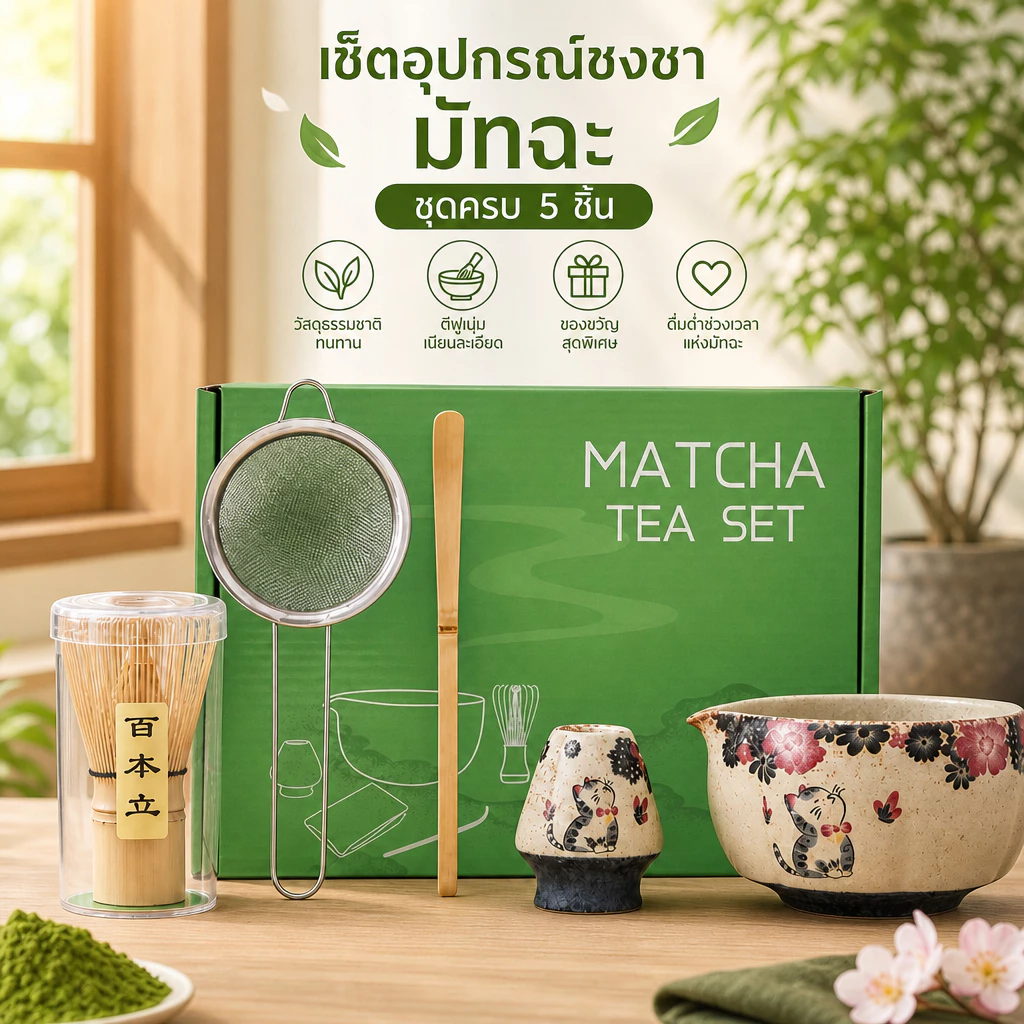 ชุดถ้วยชงมัทฉะลายแมว 5 ชิ้น เซรามิก พร้อม Chasen Chashaku กล่องของขวัญ