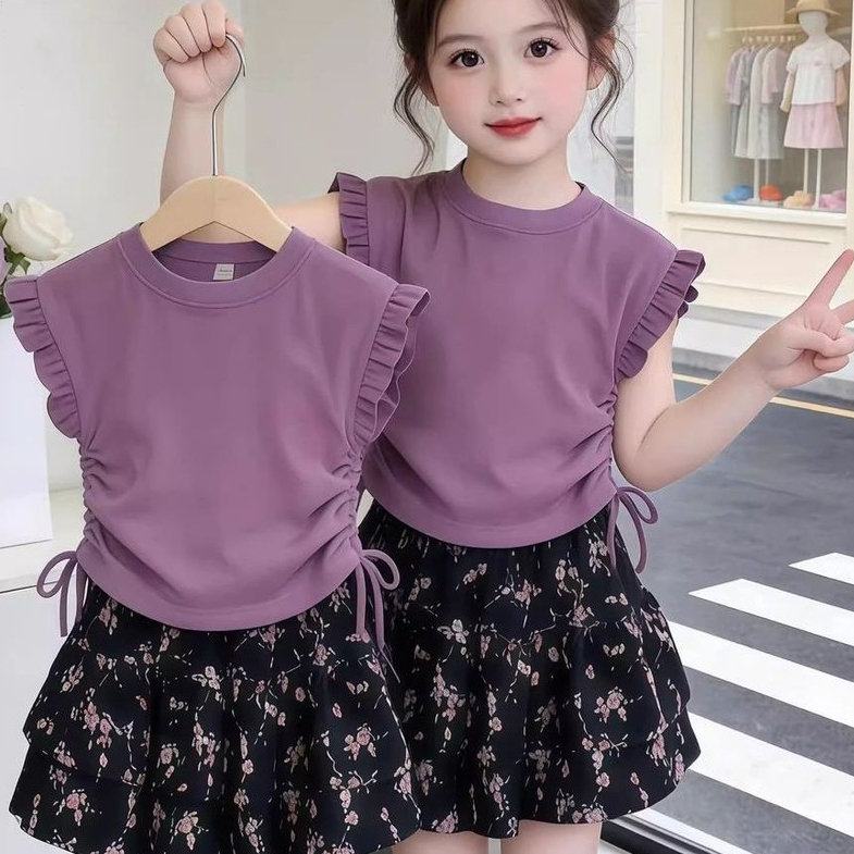 ชุดเสื้อผ้าฤดูร้อนสำหรับเด็กผู้หญิงปี 2026 - ชุดสองชิ้นกระโปรงระบายสีม่วงพิมพ์ลายดอกไม้สุดเก๋ สไตล์ลำลองทันสมัย