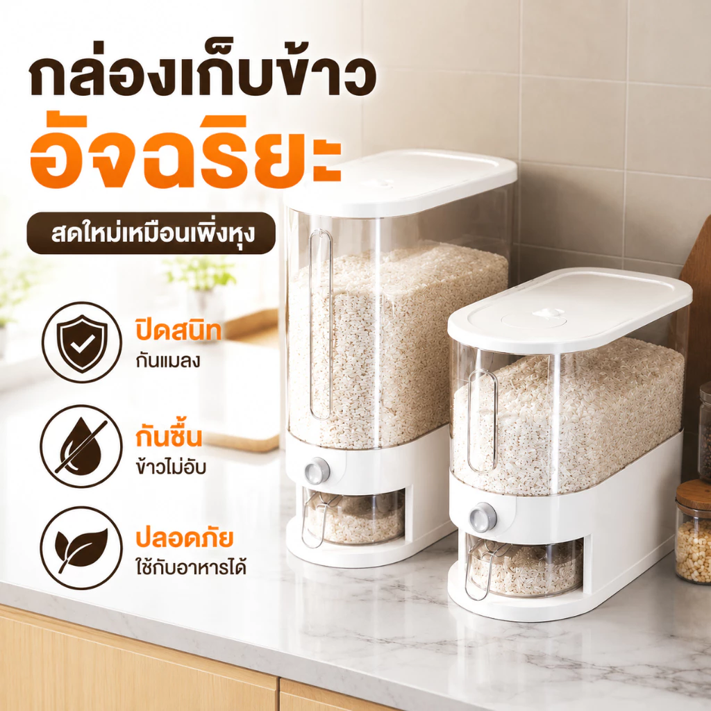 HAERS ถังใส่ข้าวสาร 5KG/10KG กล่องใส่ข้าวสาร กล่องเก็บอาหารแห้ง ข้าวจะไหลออกมาเอง