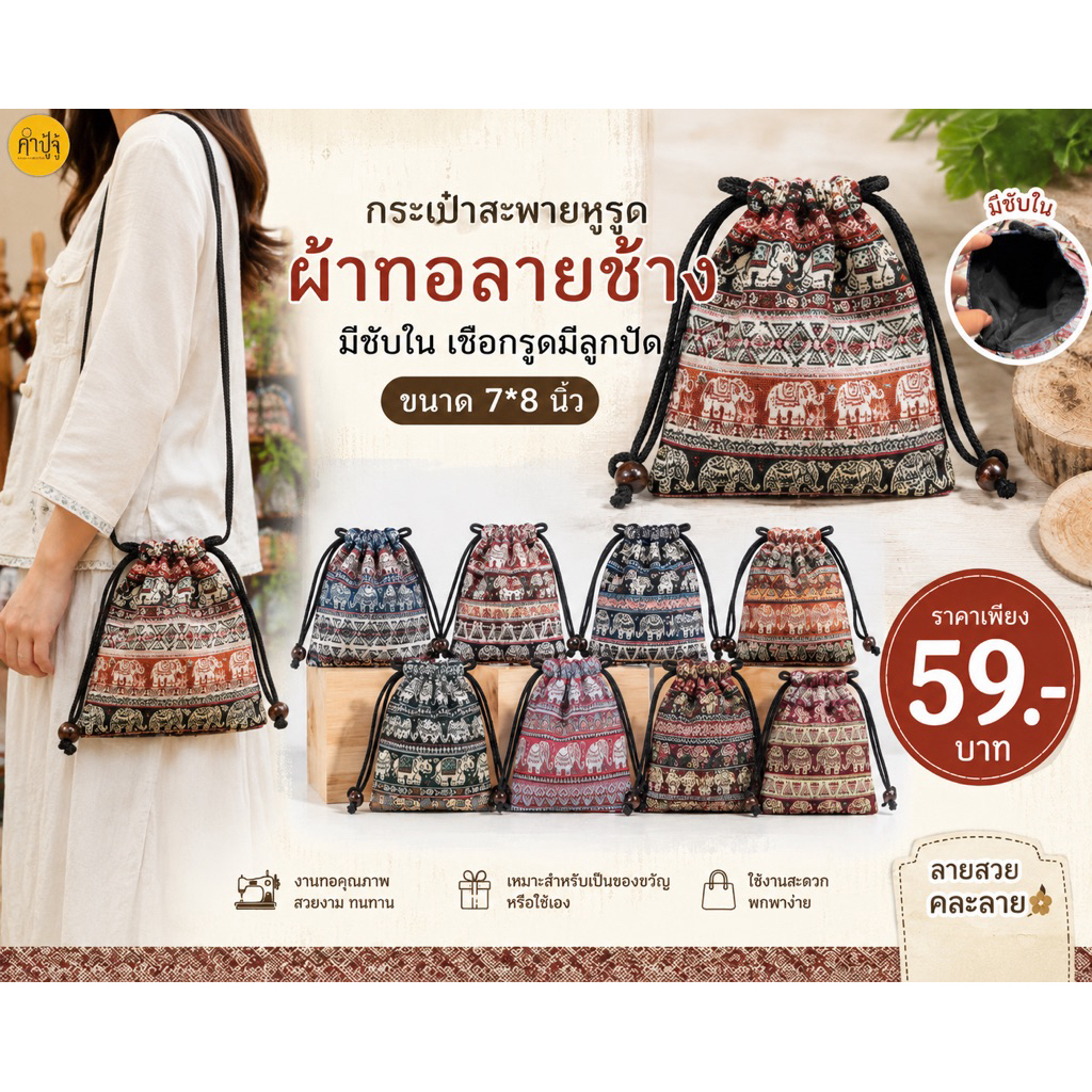 กระเป๋าสะพายหูรูดผ้าทอลายช้าง มีซับใน ลาย2ด้าน
