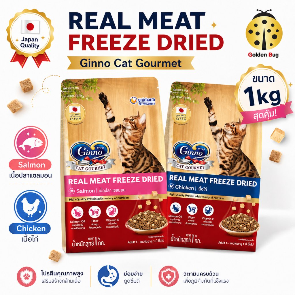 Ginno กินโนะดราย อาหารแมว ชนิดเม็ด ผสมฟรีซดราย 1 kg Dry Food with Freeze-Dried Meat