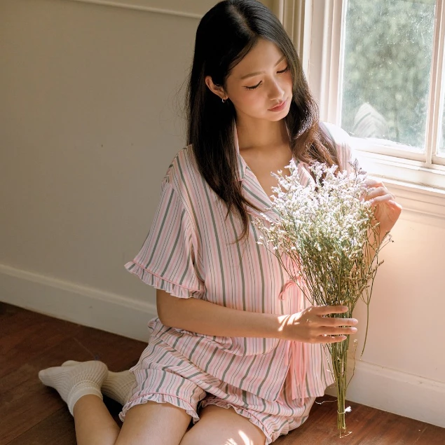 MUSLIN Beauty stripes in pink - Silk Satin Pajamas [Basic collection]