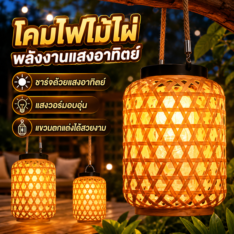 [พร้อมส่ง] ไม้ไผ่สานไฟ LED พลังงานแสงอาทิตย์โคมไฟกันน้ำวินเทจจี้ร้านอาหารแขวนไฟตกแต่งสวน