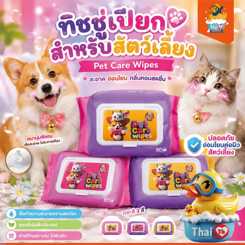 Thai.th ทิชชู่เปียก Pet wipes สำหรับเช็ดสัตว์เลี้ยง เช็ดทำความสะอาด จำนวน 80 แผ่น M-8003