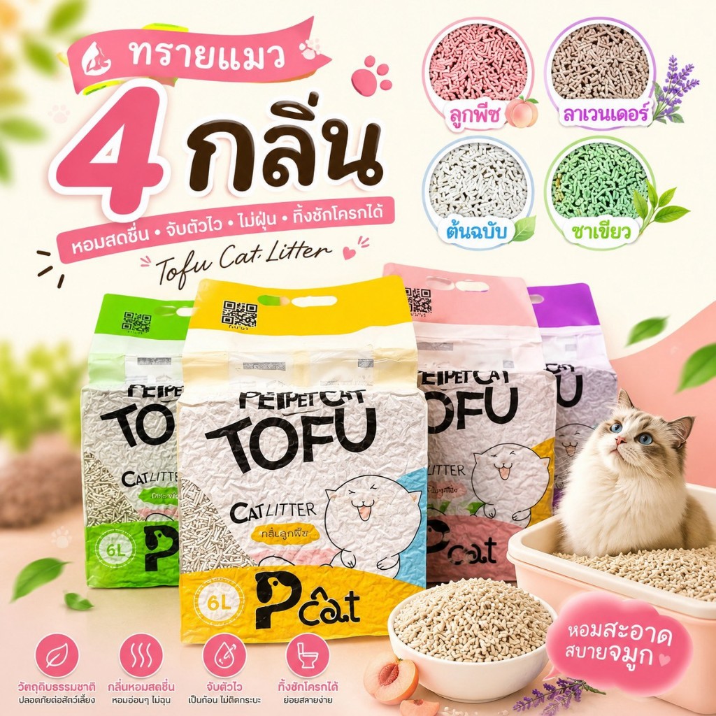YP-598ทรายแมวเต้าหู้ P Cat 6L 4 กลิ่น จับตัวไว ฝุ่นน้อย ทิ้งชักโครกได้ P Cat Tofu Cat Litter ทรายแมวเต้าหู้ 6 ลิตร