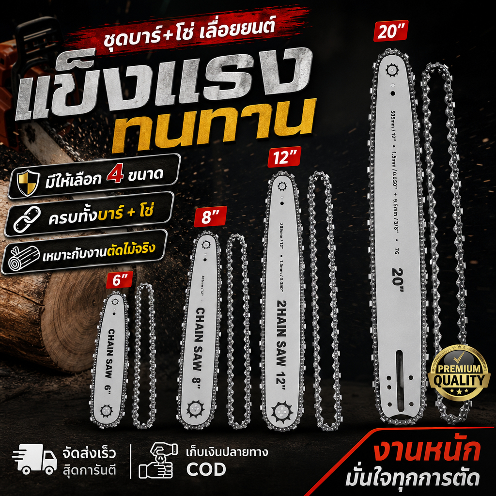 ชุดบาร์+โซ่เลื่อยยนต์ 6/8/12/20 นิ้ว มาตรฐานงานช่างมืออาชีพ โซ่คม ตัดเร็ว บาร์แข็งแรง ทนทาน สำหรับเลื่อยยนต์