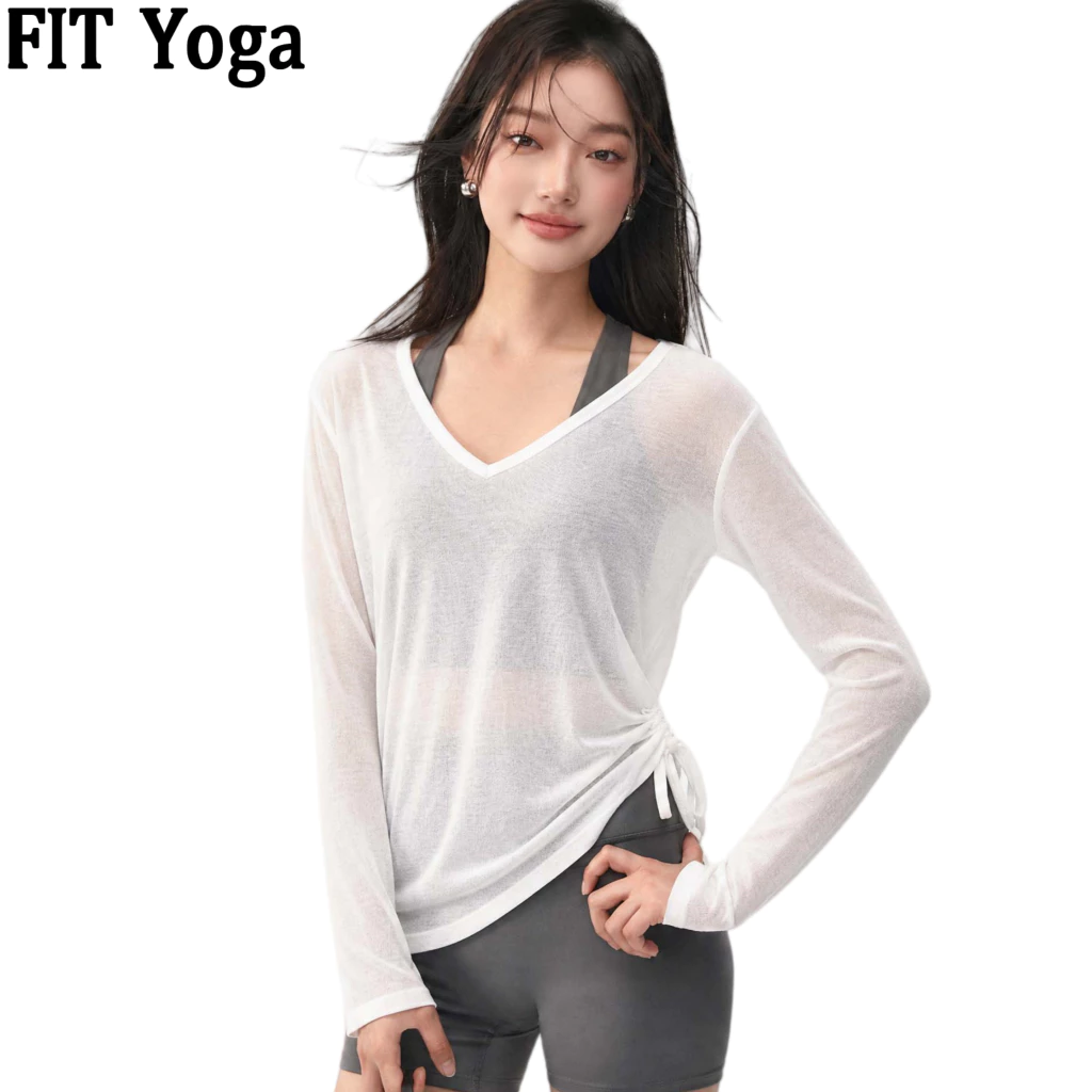 FitYoga เสื้อกีฬาออกกำลังกายหลวม ๆ ของผู้หญิง เสื้อระบายอากาศบาง ๆ โยคะ แขนยาว การฝึกพิลาทิส เสื้อโยคะ