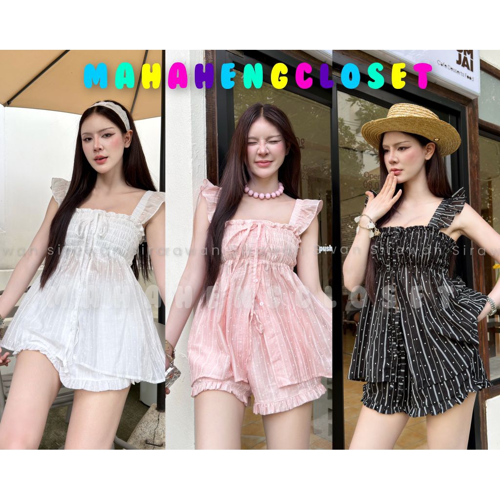 💰Mahaengcloset💰เสื้อคอเหลี่ยมแขนระบาย ผูกโบว์หน้า ผ้าสลาฟลายจุด เสื้อสาวหวาน งานพริ้วใส่สบาย