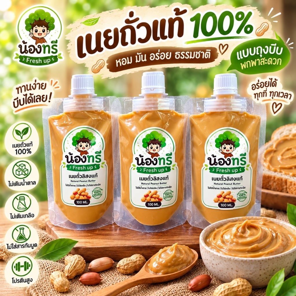 เนยถั่วแท้ 100% แบบถุงบีบ | คลีน ไม่เติมน้ำตาล และเกลือ ไม่ใส่สารกันบูด