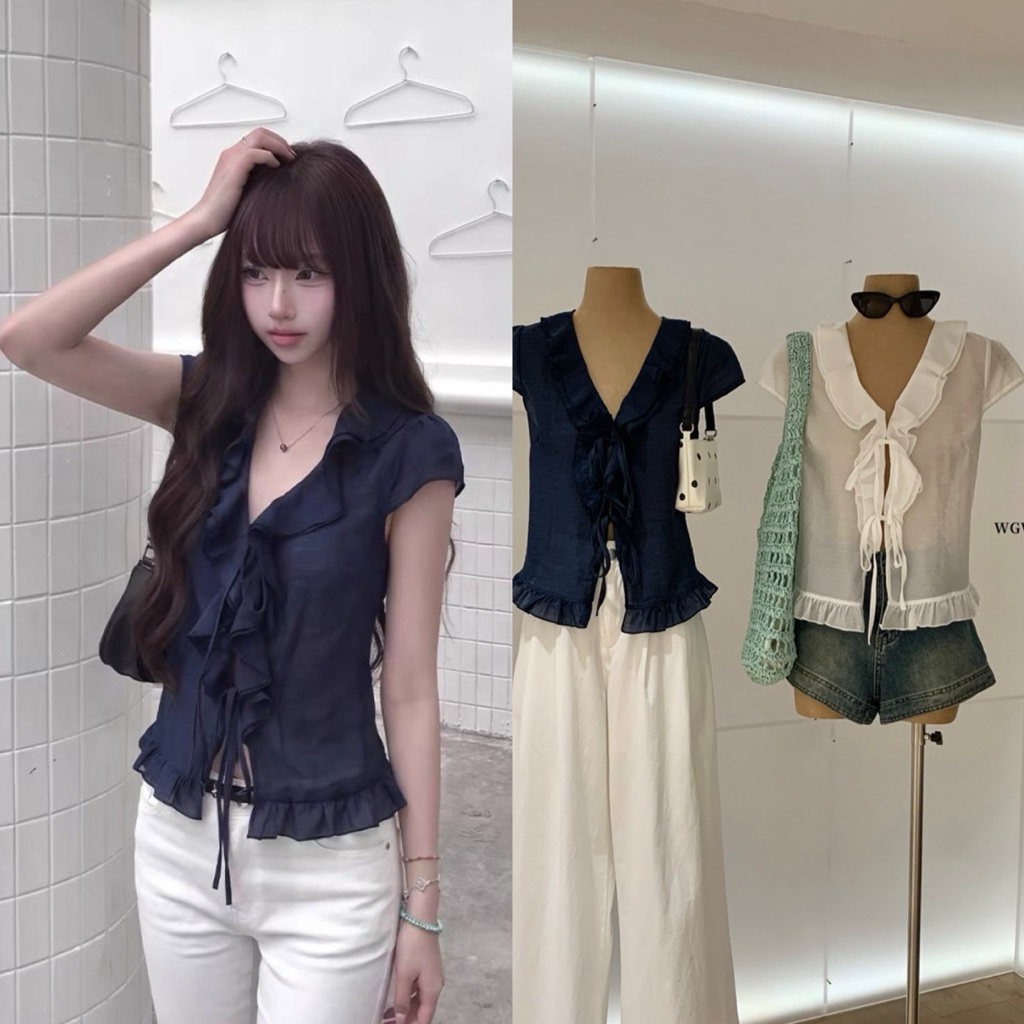 10574# เสื้อคอวี ระบายช่วงอก มีโบว์ผูกช่วงอก เนื้อผ้าดี งานสวย TAG : WG.WE