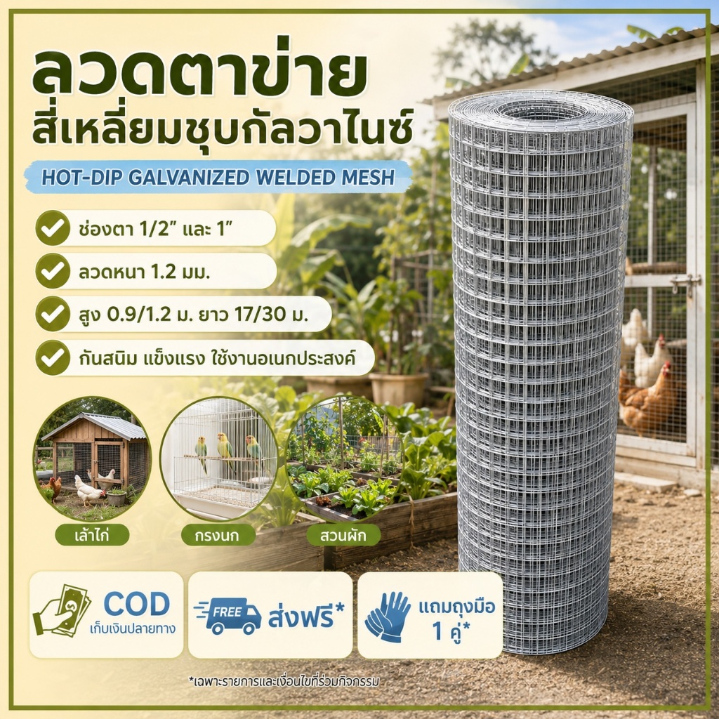 ตาข่ายกรงไก่ ตะแกรงลวดเหล็ก ชุบกัลวาไนซ์ ม้วน 17ม. 30 ม. ตาสี่เหลี่ยมจตุรัส ช่อง 1/2” 1” แข็งแรง ทนทานตะแกรงเหล็ก กรงไก่