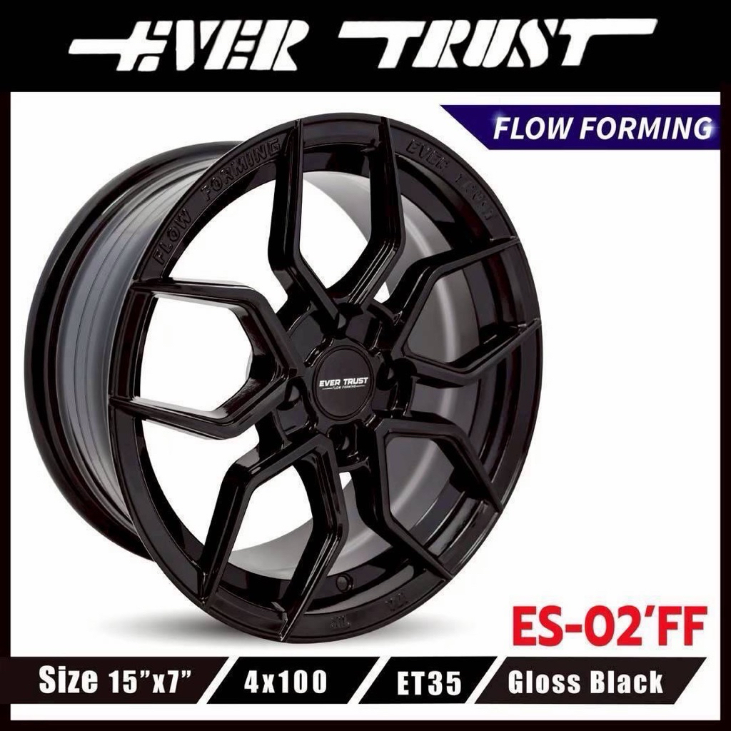 ⁠[ส่งฟรี/พร้อมส่ง] ล้อแม็ก Evertrust ES-02'FF ขอบ 15x7.0 ET35 4H100 สี Gloss Black (ดำเงา)  Flow For