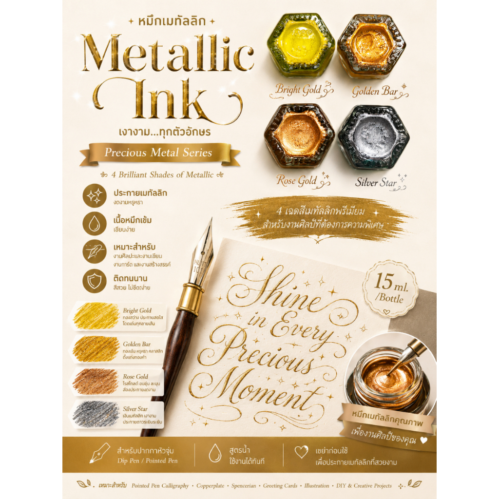 Calligraphy Ink - Metallic Type | Precious Metal Series - Timeless Elegance | 12 ml. (ขวดใหม่ 12 มล.)