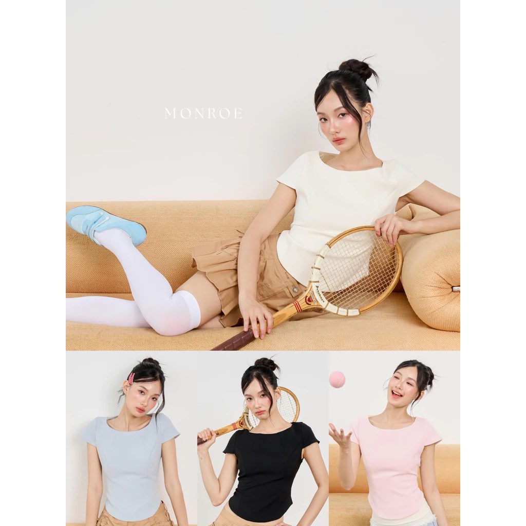 MONROE TOP (เฉพาะเสื้อ) เสื้อแขนสั้นคอกลมดีไซน์ใส่ง่ายได้ทุกวัน ดีเทลชายเสื้อโค้งที่ช่วยให้ลุคดูมีมิติ