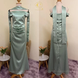 👑C;5065:ชุดราตรี(+ผ้าพันคอ)เดรสยาวปาดไหล่ใส่ออกงาน พรางแขนพรางหน้าท้องผ้าเงาซาร่า