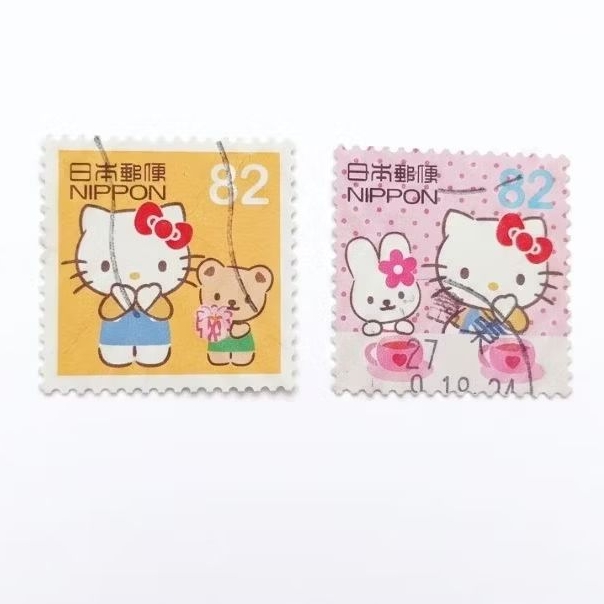 ​แสตมป์ญี่ปุ่น Hello Kitty 82 เยน แท้ Japan Post (ชุด 2 ดวง) สภาพผ่านการใช้งาน ของสะสม Sanrio หายาก