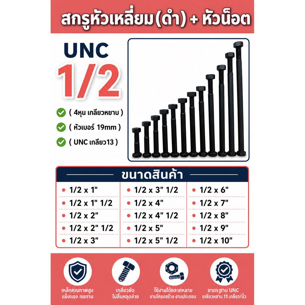 สกรูหัวเหลี่ยมดำ UNC 1/2 (4หุน) เกลียวหยาบ พร้อม หัวน็อต มีความยาวตั้งแต่ 1 นิ้ว จนถึง 10นิ้ว