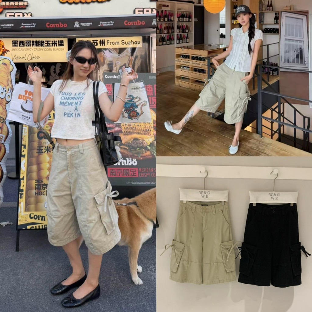 (พร้อมส่ง) กางเกง cargo แต่งโบว์นูนที่กระเป๋า - 10403 TAG WG.WE 🇰🇷