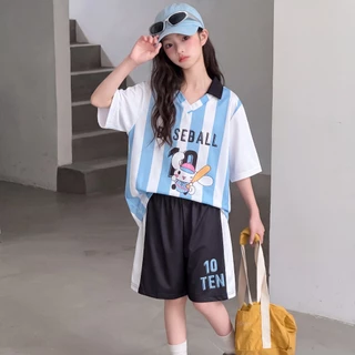 ชุดเซ็ทเด็กผู้หญิงแฟชั่น เสื้อแขนสั้นกางเกงขาสั้น สีหวานสดใส ลำลอง