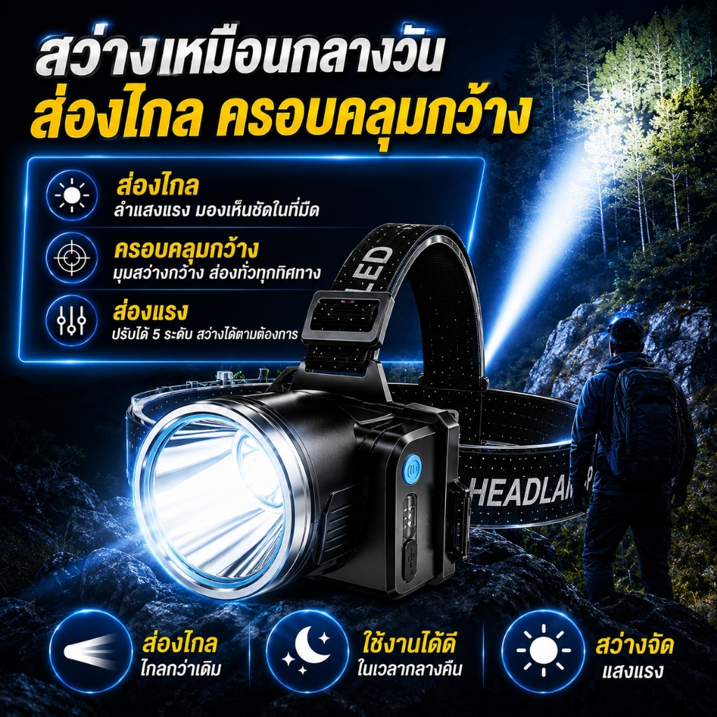 ไฟฉายคาดหัว ชาร์จได้ แสงขาว LED 300วัตต์ ชาร์จUSB-C ไฟหน้าแบบพกพา สําหรับแคมปิ้ง เดินป่าซ่อม ไปนาไปไร่