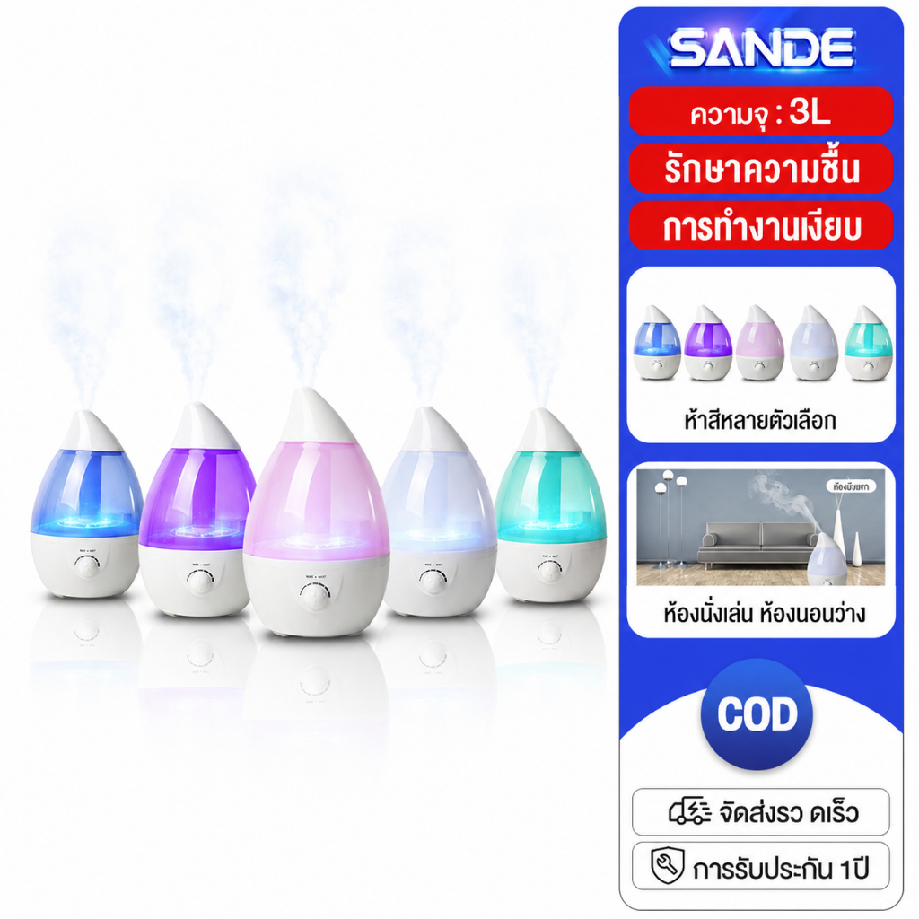 SANDE 3L เครื่องพ่นไอน้ำอโรม่าขนาดใหญ่ เครื่องทำความชื้น ใส่น้ำมันหอมระเหยอโรม่า น้ำหอมอโรม่า เครื่อพ่นน