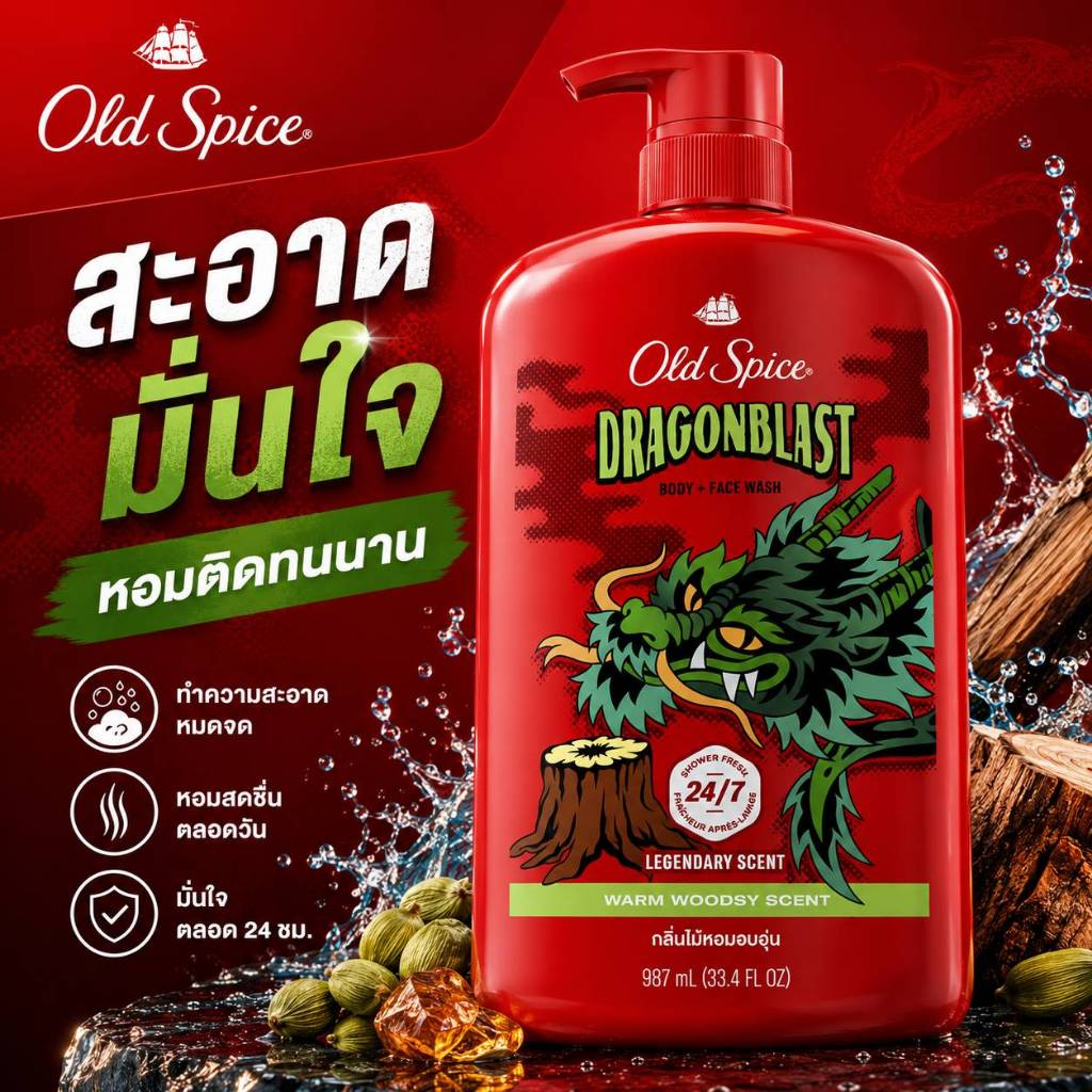 Old Spice Cleansing Body Wash Dragonblast ครีมอาบน้ำผู้ชายกลิ่นไม้อบอุ่น Warm Woodsy ระงับกลิ่นกาย ห
