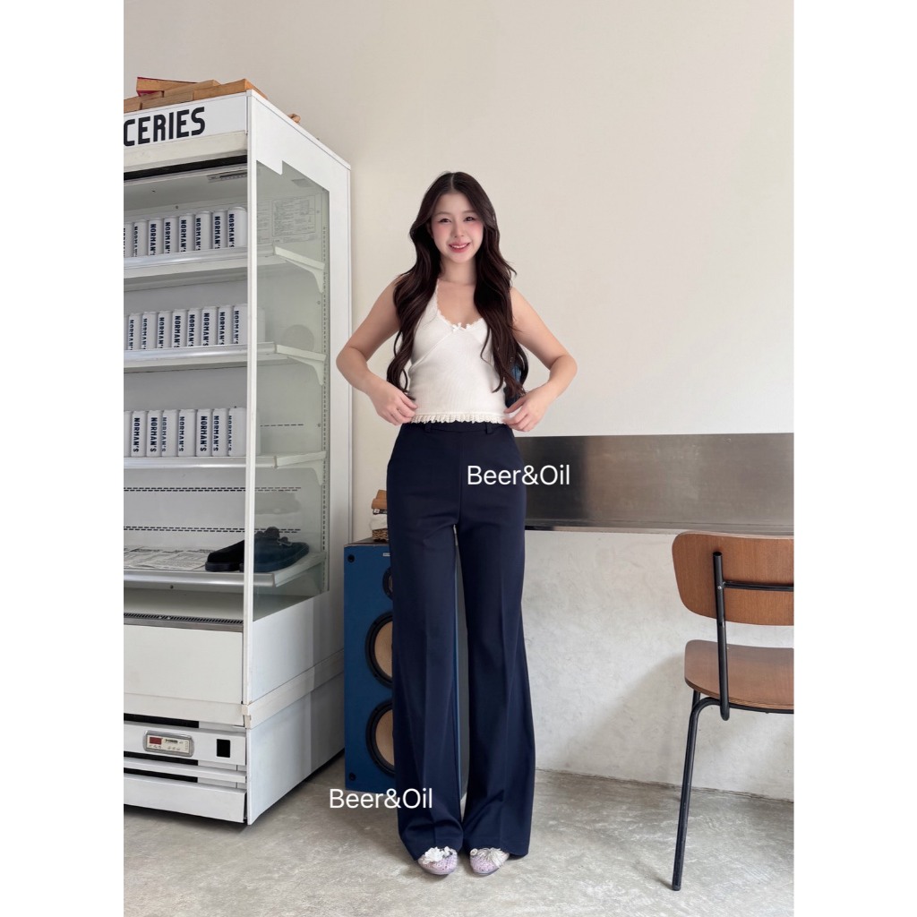 L0068 Beer&Oil กางเกงขายาวเอวสูงขาม้า ผ้าโรเชฟ งานซิปข้าง