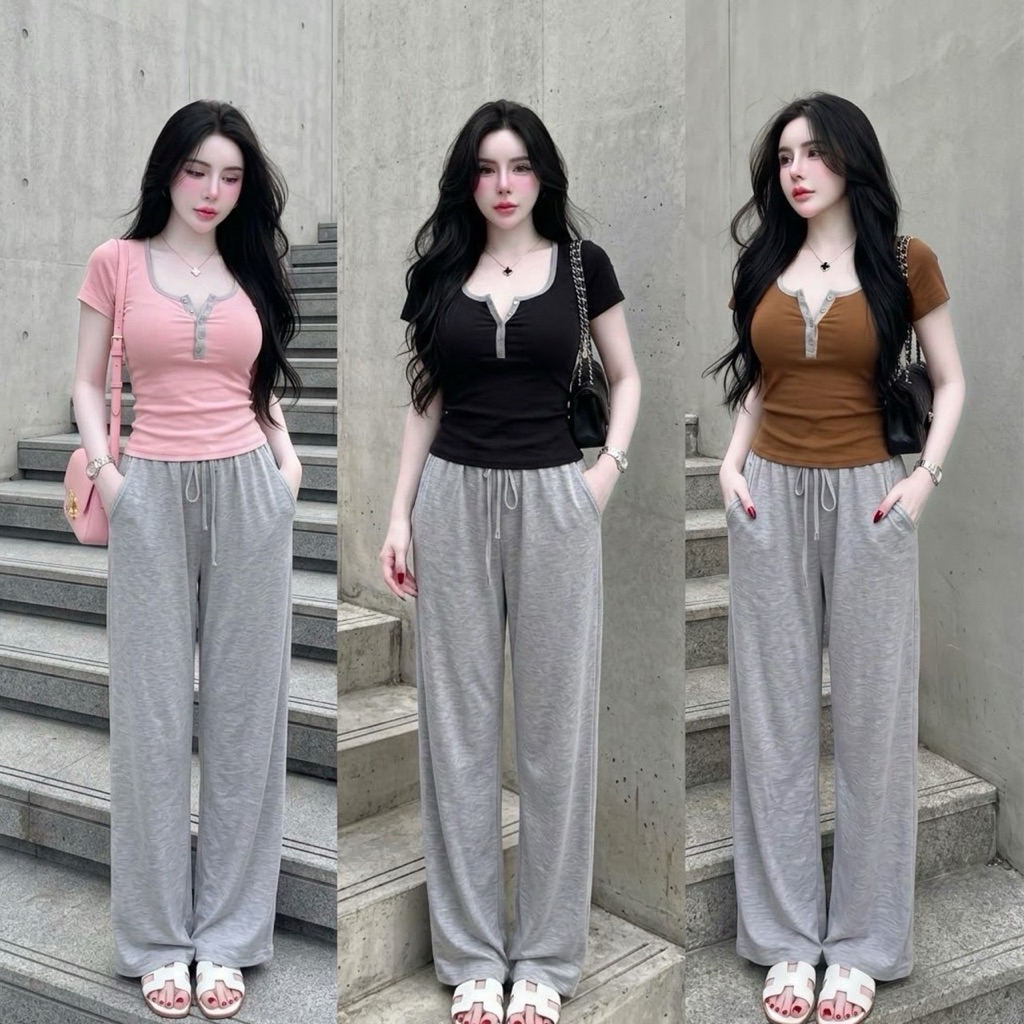 👗พร้อมส่ง👗 ชุดเซ็ท2ชิ้น เสื้อแขนสั้นยืดผ้าร่อง แต่งทูโทนขอบกุ้นสีน่ารัก  แมทวอมขายาว ใส่สบายๆ