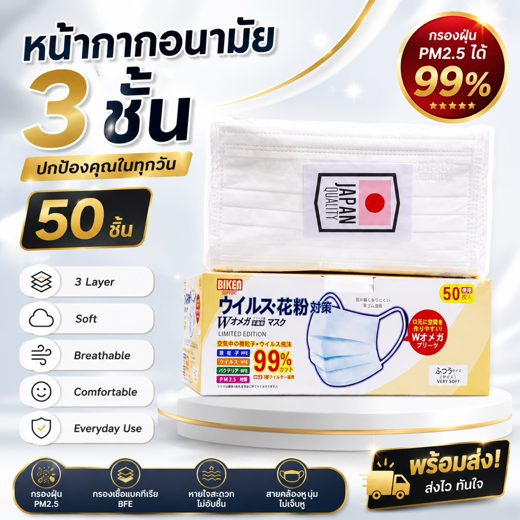 หน้ากากอนามัยญี่ปุ่น Japan Quality 3 ชั้น 50 ชิ้น ป้องกัน PM2.5 ใส่สบาย ผู้ใหญ่ สีขาว