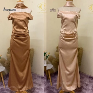 👑C;5065:ชุดราตรี(+ผ้าพันคอ)เดรสยาวปาดไหล่ใส่ออกงาน พรางแขนพรางหน้าท้องผ้าเงาซาร่า