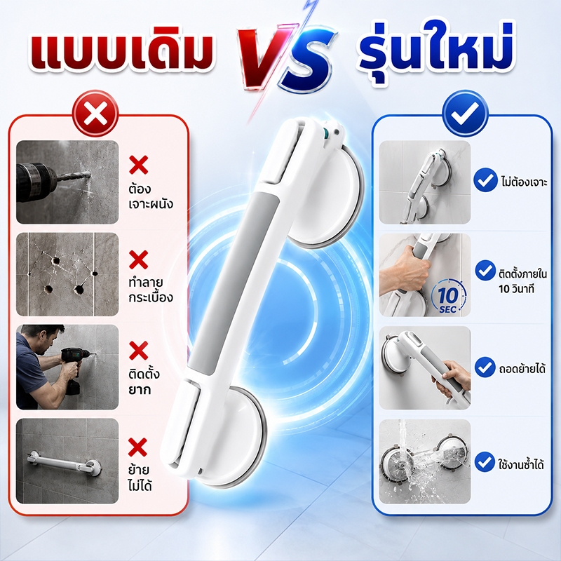 ราวจับห้องน้ำ ราวจับผู้สูงอายุ ราวพยุงกันลื่น แบบดูดสุญญากาศ ไม่ต้องเจาะผนัง ติดตั้งง่าย กันลื่นแน่น รับน้ำหนัก 150 กก. รูปที่ 2