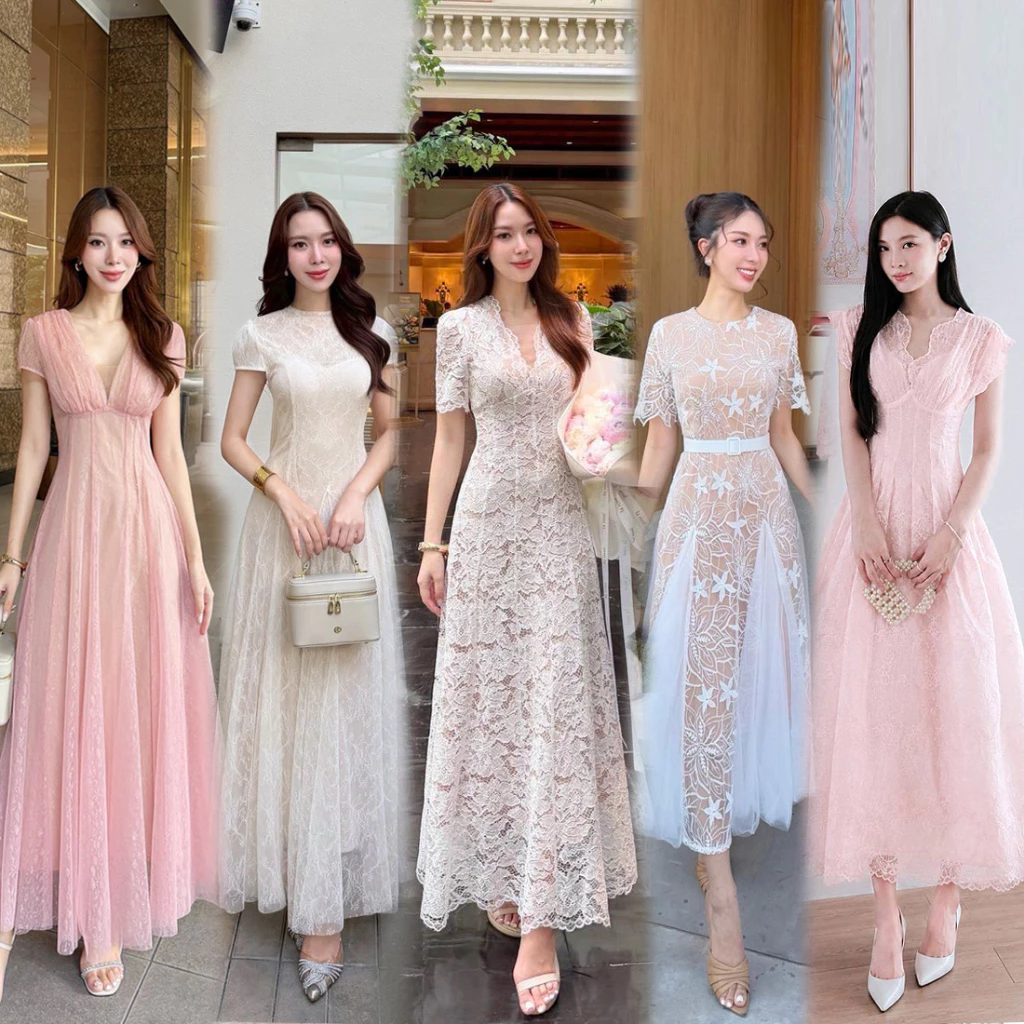 S-XXL✨ชุดลูกไม้สีขาว/ครีม/ชมพู/น้ำตาล/ฟ้า ชุดทำบุญ ชุดพรีเวดดิ้ง ชุดหมั้น ชุดไปงานแต่งงานบวช #Abigail