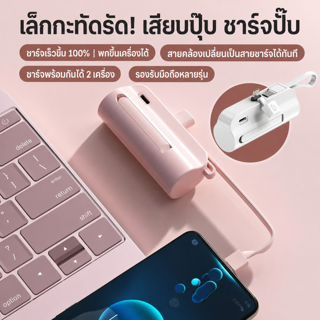 แบตเตอรี่สำรอง Power Bank 5000 mAh ขนาดกระทัดรัด พกพาง่าย ชาร์จได้ทั้ง Lightning TypeC สำหรับอุปกรณ์มือถือและแท็บเล็ต