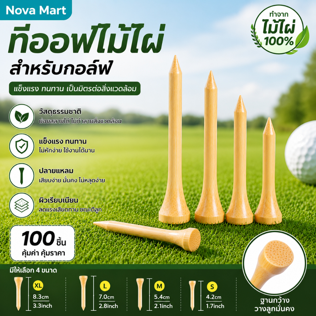 โนวามาร์ท100ชิ้น/เซ็ตกอล์ฟทีไม้ไผ่ลูกกอล์ฟที่จับ4ไซส์แข็งแรงกว่าไม้