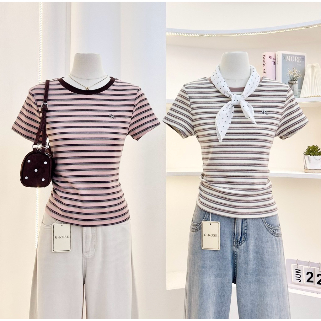 G-rose เสื้อยืดลายริ้ว แต่งอะไหล่เงิน